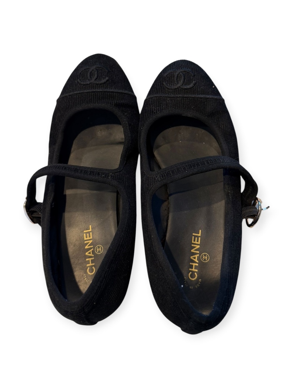 CHANEL Black Mary Jane Logo Ballet Flats